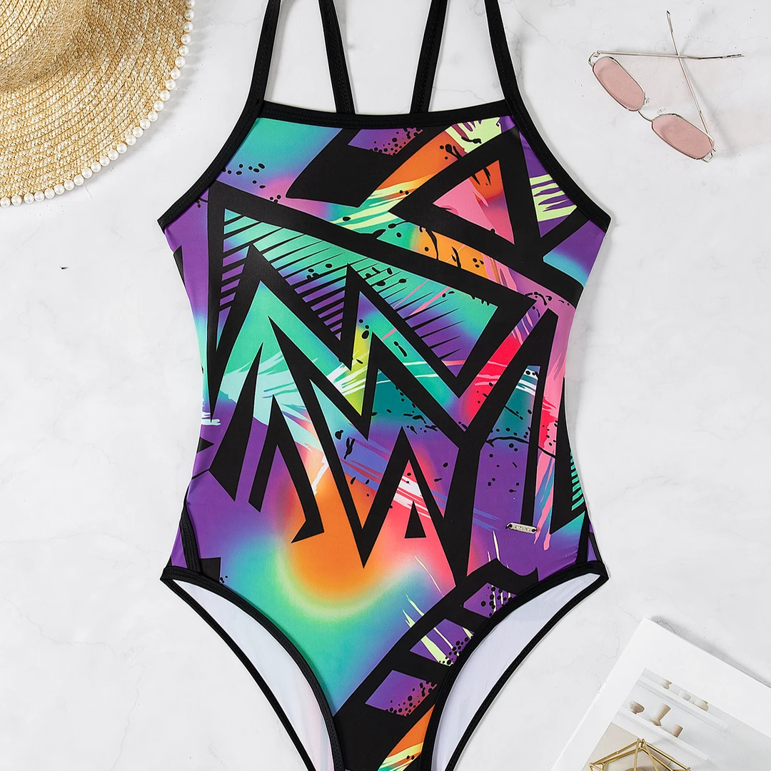 新宇新品/菱形格细带三角修身显瘦竞速款连体泳衣