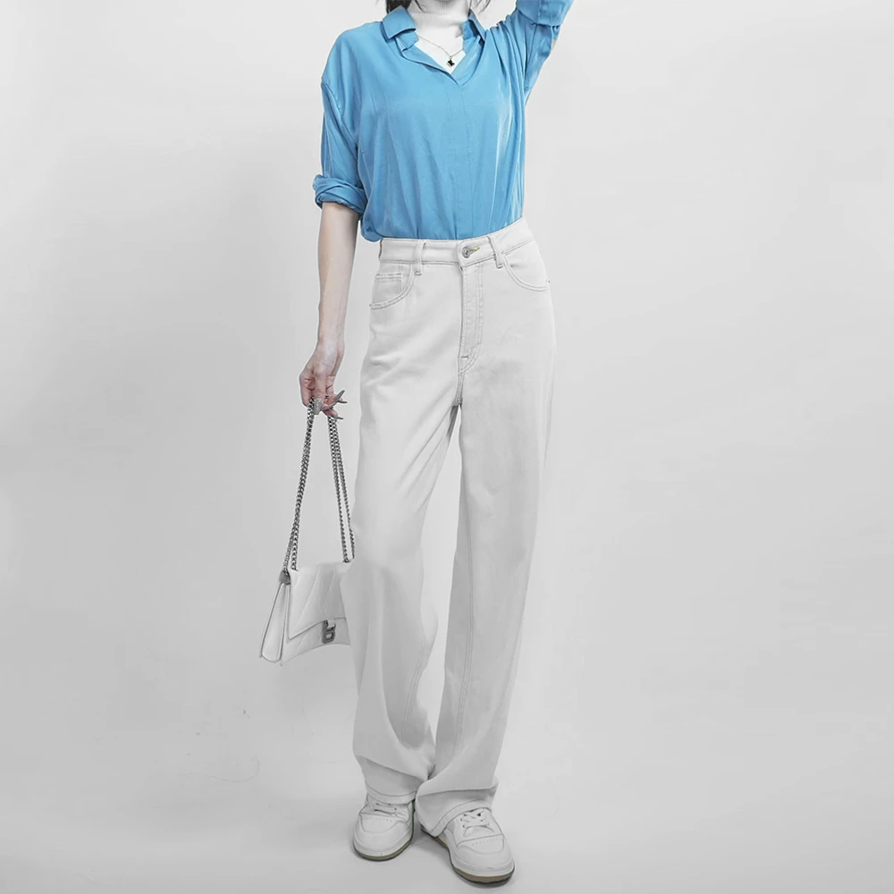 WENDY·HUANG修身直筒牛仔裤女高腰春夏显瘦白色宽松窄版阔腿百搭