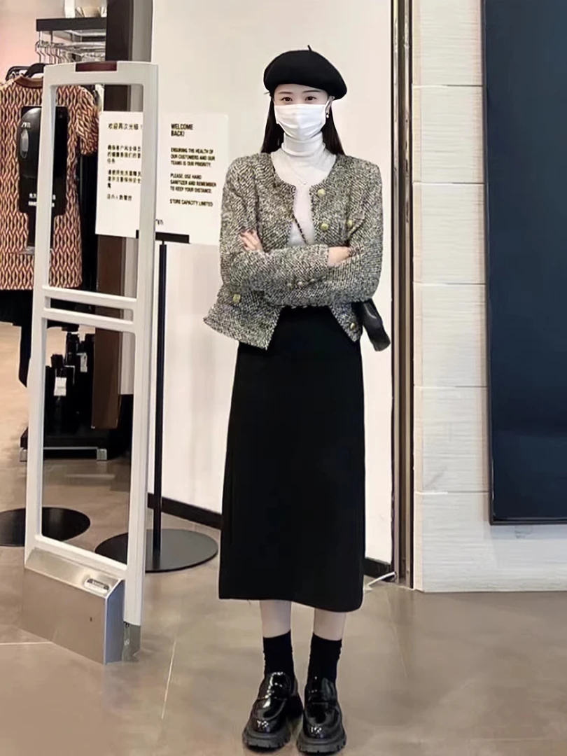 【现货】秋冬毛呢长裙大码女裙高腰显瘦A字裙女保暖毛呢裙中长款