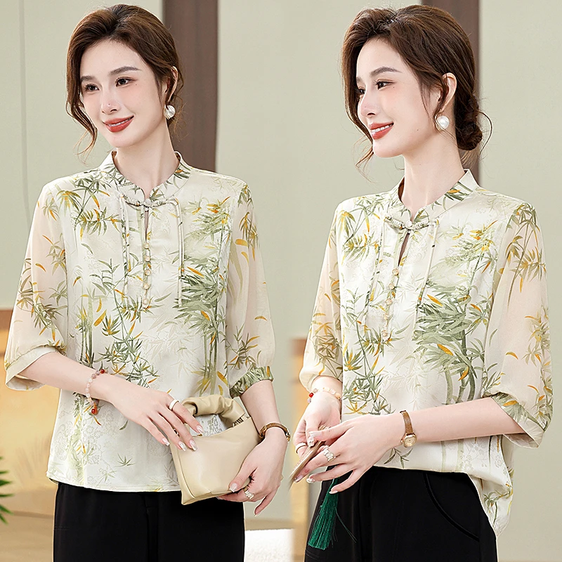 【套装正划算】夏季复古印花长袖衬衫女士气质高端立领国风上衣