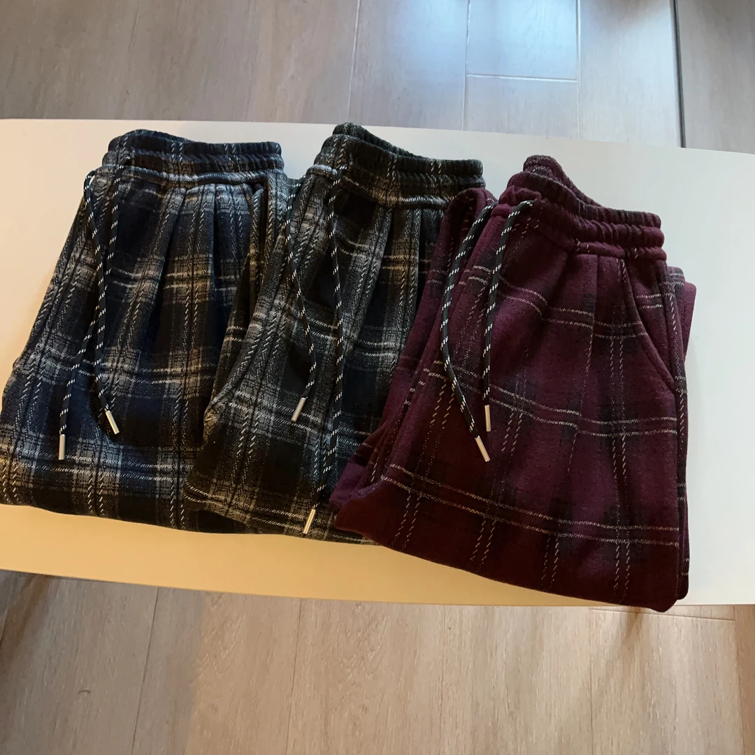 格子裤。加绒。保暖磨毛加厚款格子裤直筒阔腿裤