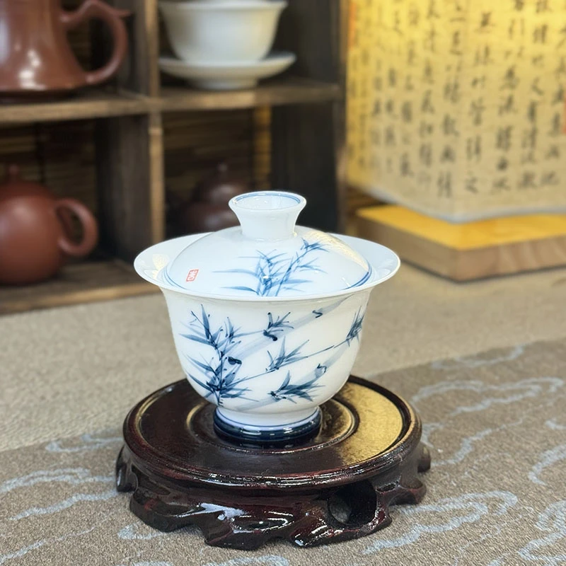 （竹子）--盖碗手绘羊脂玉冰种薄胎透亮功夫茶杯品茶杯中式家用