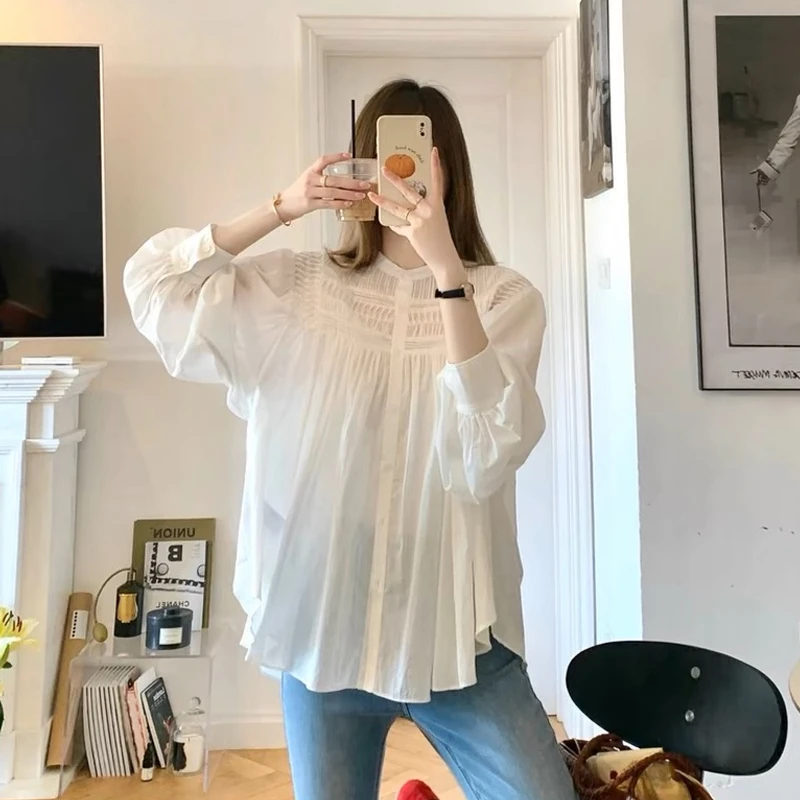 孕妇夏季显瘦气质法式风琴细褶韩版设计款长袖宽松衬衫上衣