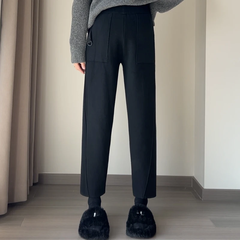 孕妇冬季显瘦时尚加绒加厚口袋针织外穿奶奶裤