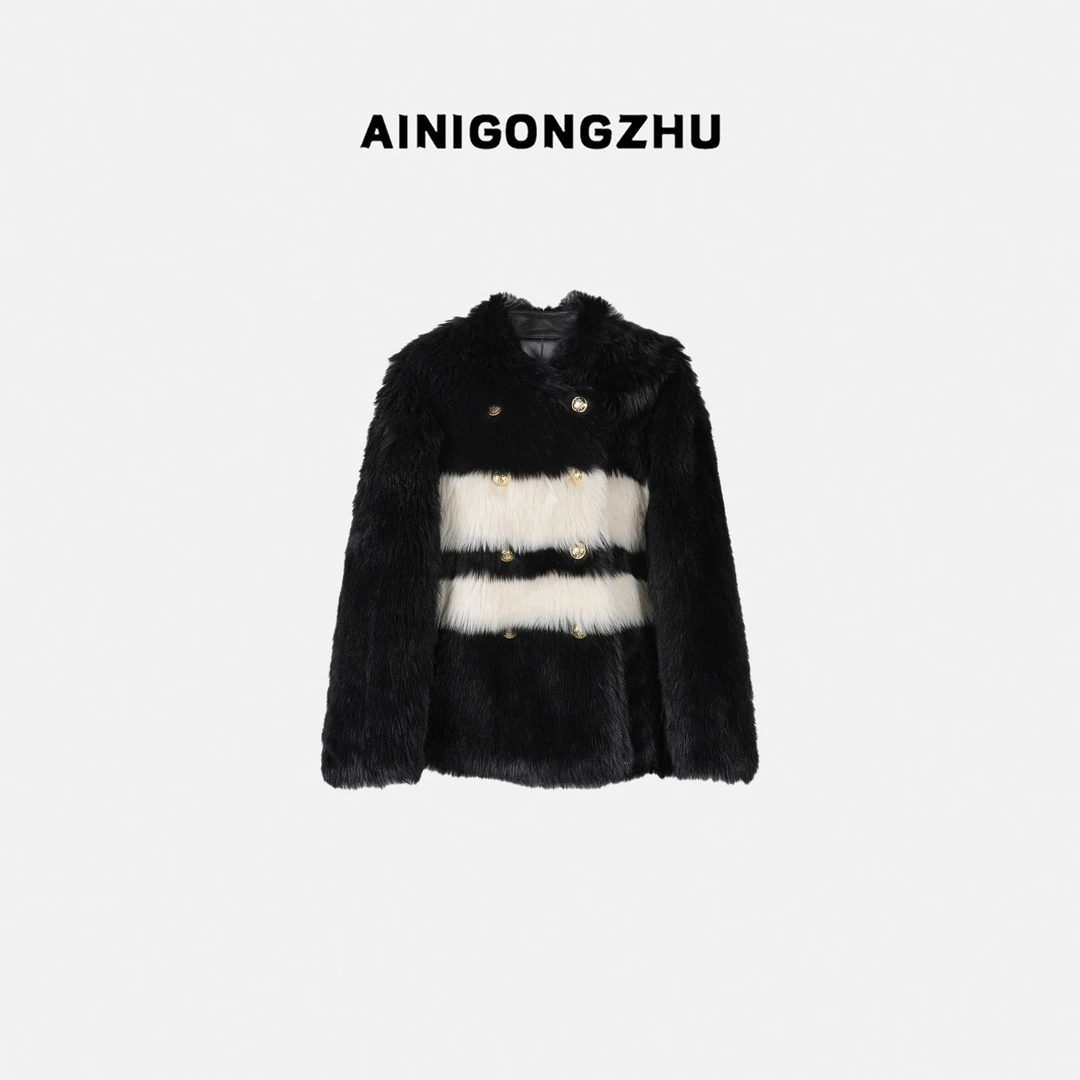 AINIGONGZHU/艾妮公主设计款托斯卡纳黑白绵羊毛皮一体外套23867