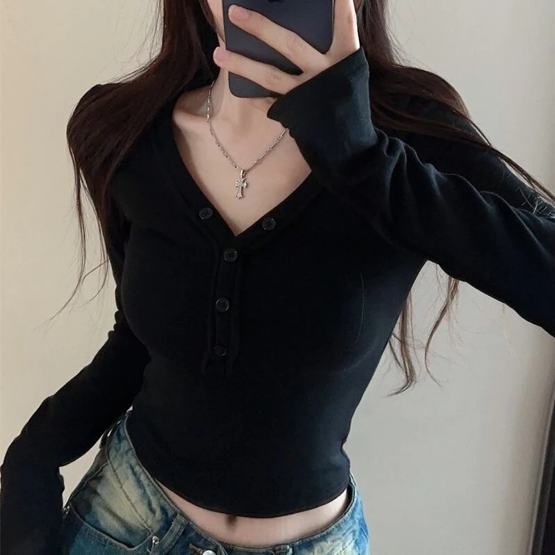 性感纯欲正肩长袖v领T恤女纽扣磨毛打底衫修身显瘦内搭上衣秋冬季