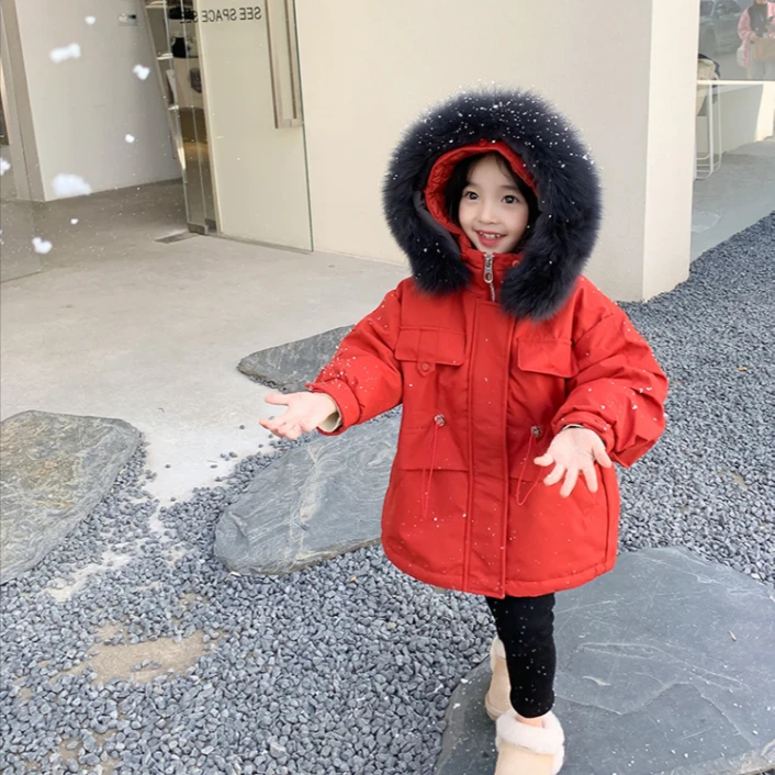 红色拜年服女童大毛领派克服夹棉加厚儿童洋气收腰棉服童装棉袄