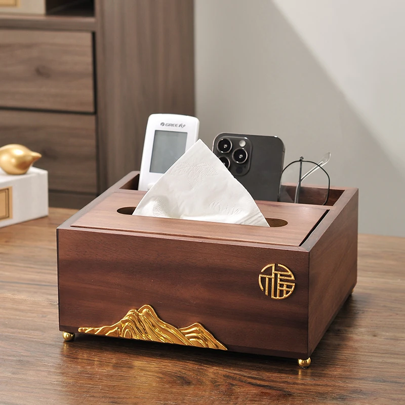 中式胡桃色实木纸巾盒家用客厅茶几多功能遥控器收纳高档轻奢摆件