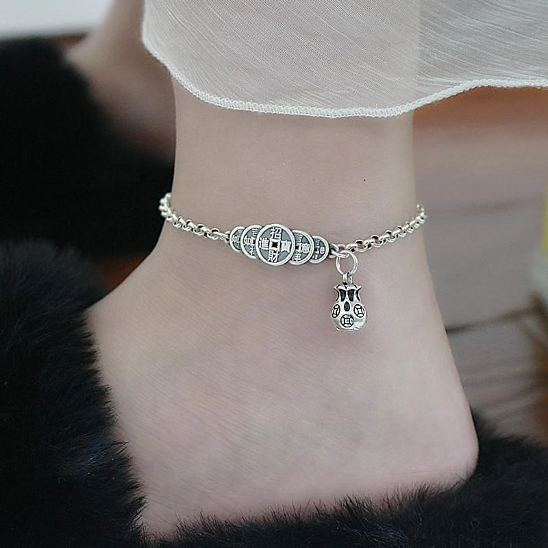 合金布艺脚链 复古脚链女五帝平安泰银潮流鲸笙礼物手工气质饰品