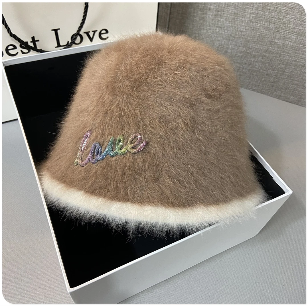 原创兔毛渔夫帽女秋冬2023新款加厚毛绒可爱韩版盆帽百搭保暖帽子