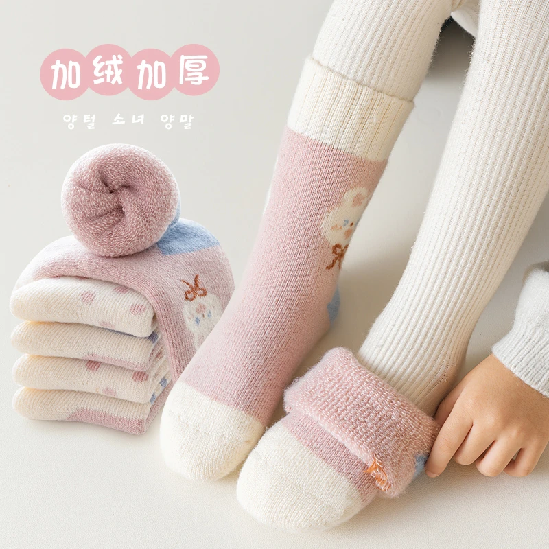 女童袜子冬季儿童韩版卡通小兔毛圈袜冬天宝宝加绒加厚保暖中筒袜