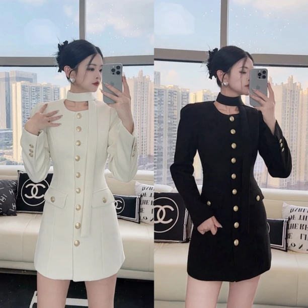 【柔嘉Yoga】纯色圆领小香风单排扣气质显瘦连衣裙外套裙配带子