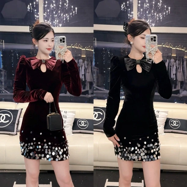 【柔嘉Yoga】黑色丝绒连衣裙秋冬法式气质镂空性感蝴蝶结包臀裙