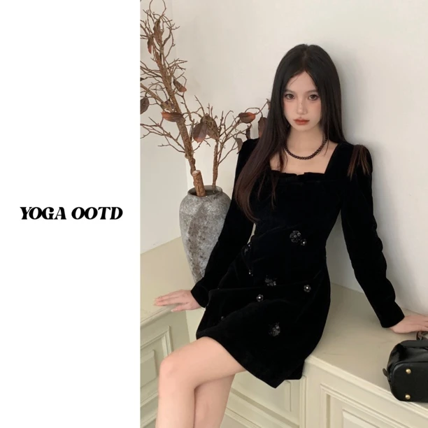 【柔嘉Yoga】花朵法式复古丝绒连衣裙礼服裙女秋冬显瘦气质小黑裙