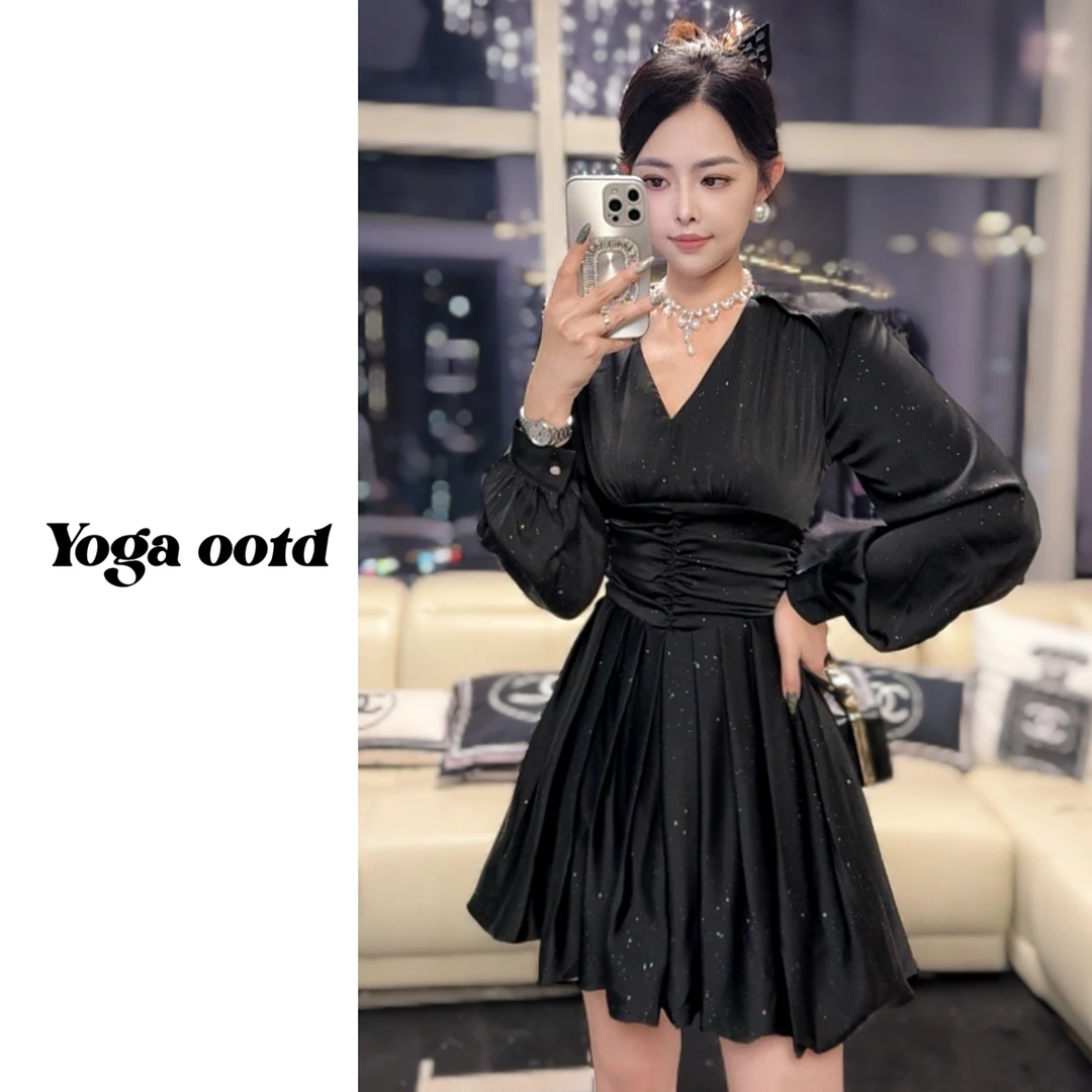 【柔嘉Yoga】满天星假两件缎面气质名媛小礼服连衣裙收腰显瘦小个子