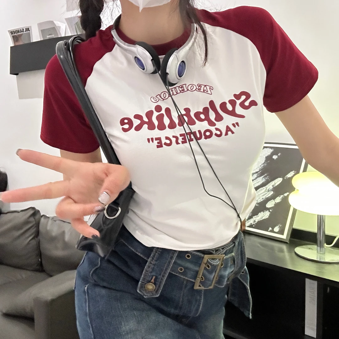 美式插肩袖短款T恤辣妹显瘦夏季印花字母简约复古设计感上衣短袖