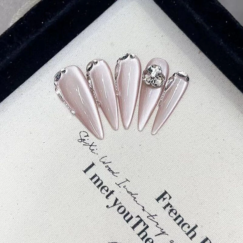 纯手工光疗穿戴甲猫眼玻璃珠紫色细长尖光年堆钻爆闪钻穿戴甲长款