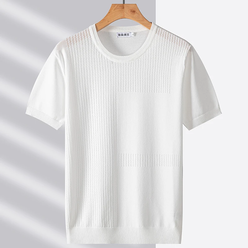 2024新款春夏镂空冰丝针织男短袖t恤薄款大码潮流透气圆领半袖
