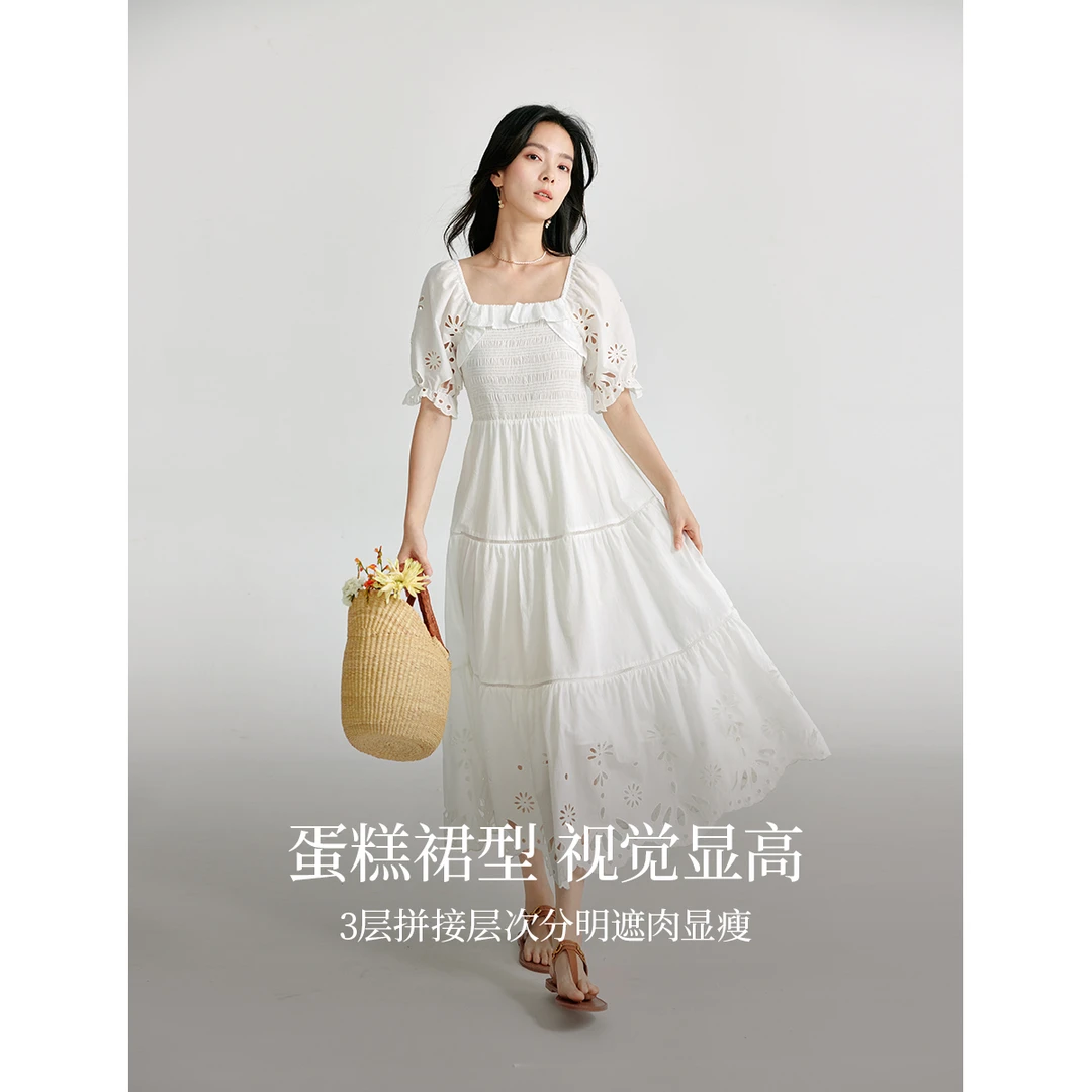 茵曼2024夏季新款女连衣裙蕾丝公主短袖休闲时尚蛋糕刺绣A字纯棉