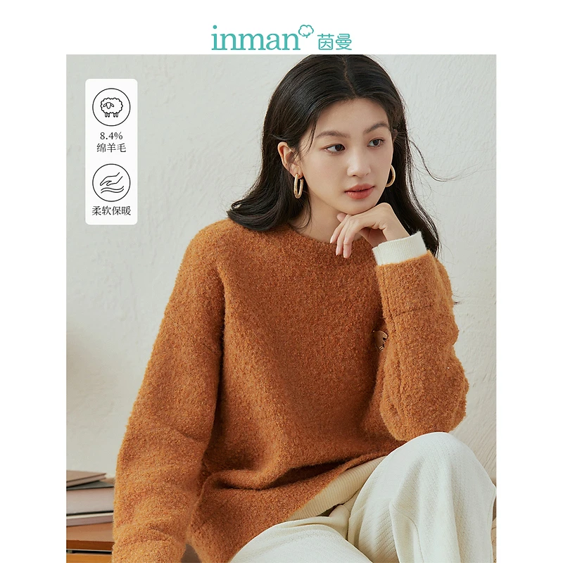 【商场同款】茵曼冬季复古圆领套头保暖针织毛衣女长袖宽松百搭上衣