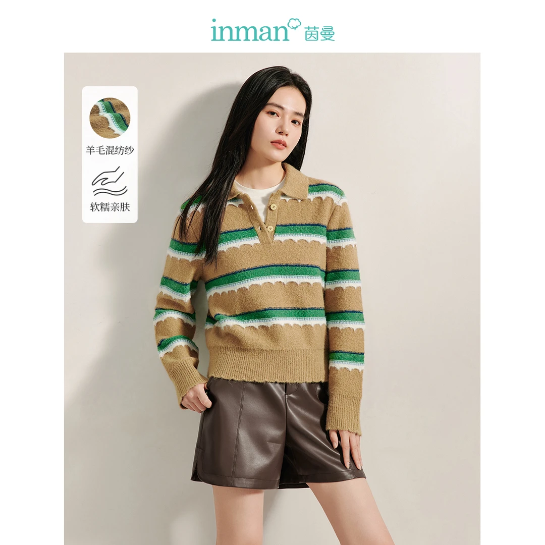 【商场同款】茵曼冬季女毛衣外套打底上衣针织宽松女装纽扣新款条纹