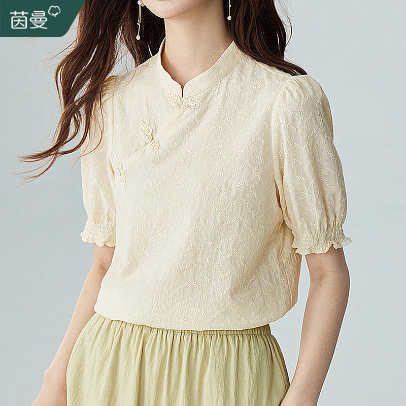 茵曼2024夏季新款女衬衫上衣衬衣短袖国风休闲中式爆款百搭时尚