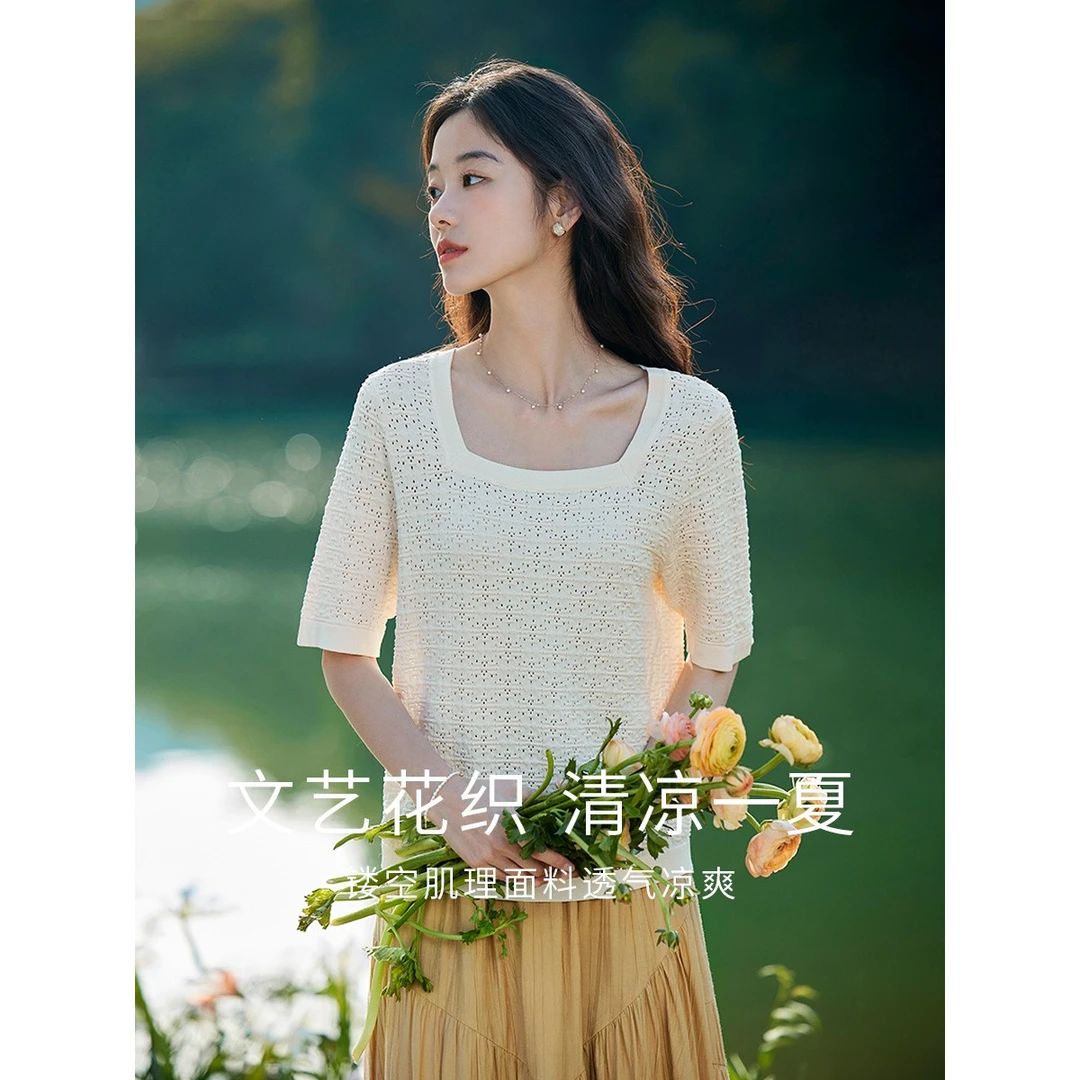 茵曼夏季女毛针织衫上衣新款短袖女士宽松套头泡泡袖镂空时尚反季