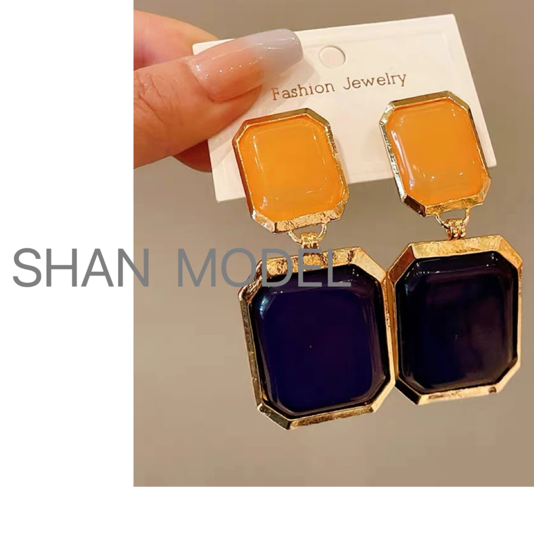 合金耳饰 欧货女装-长方形几何耳环夸张宫廷风耳钉高级感时尚气质