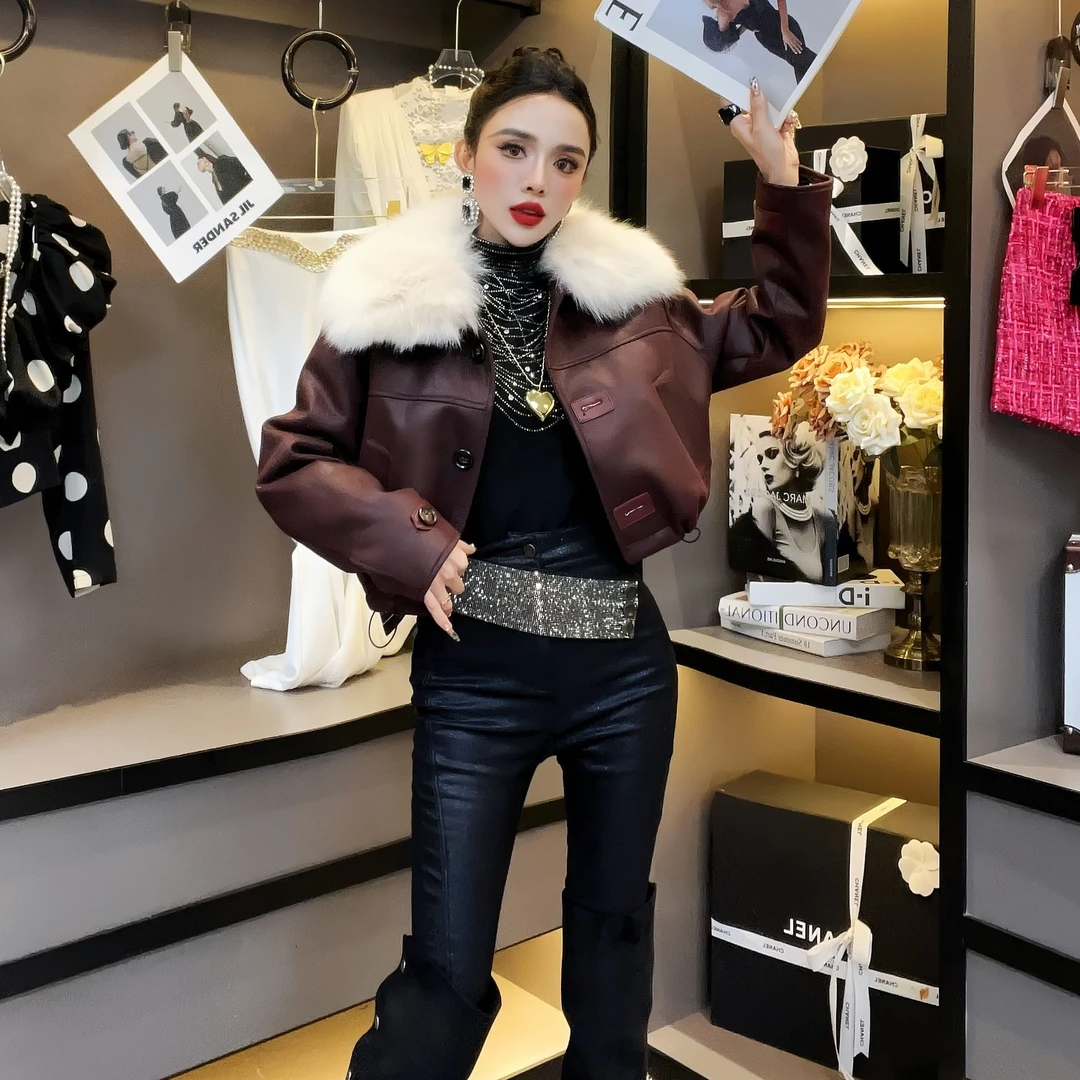 欧货女装-2024秋冬时尚重工狐狸毛皮革羽绒外套保暖