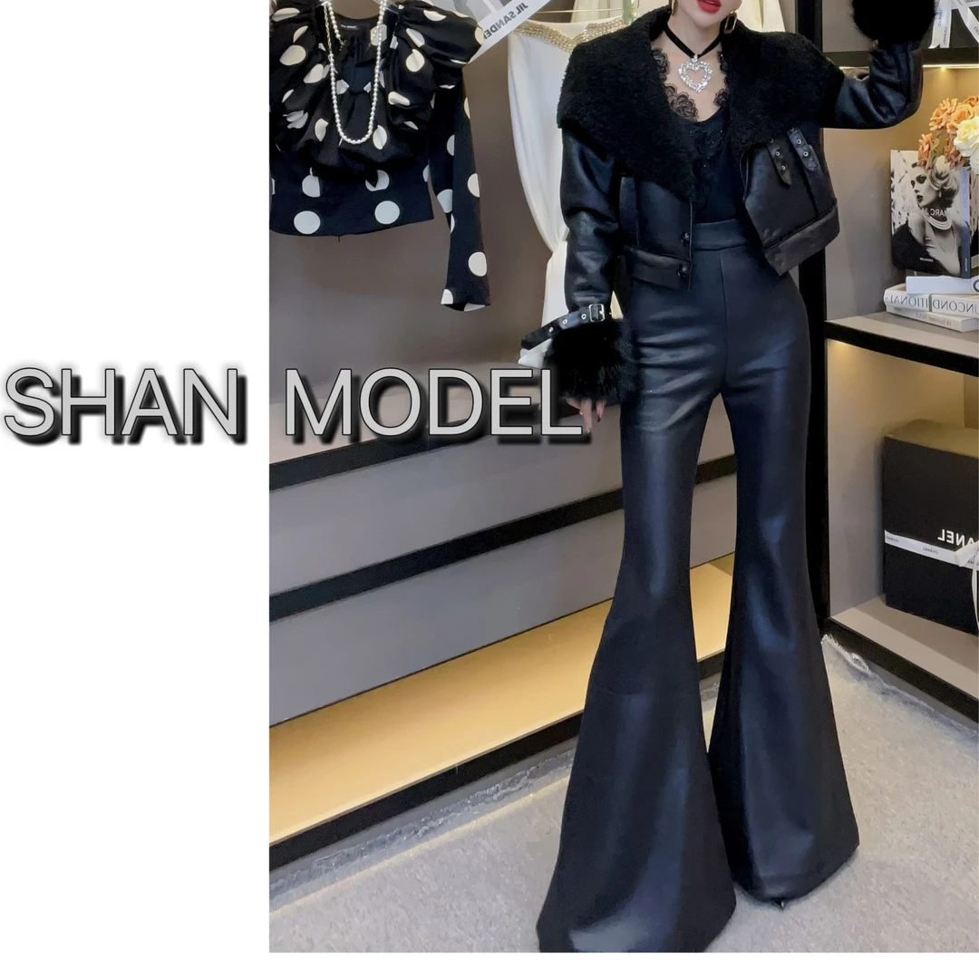 欧货女装-（加厚不加绒）24款设计高腰显瘦雪花绒修身包臀大喇叭裤