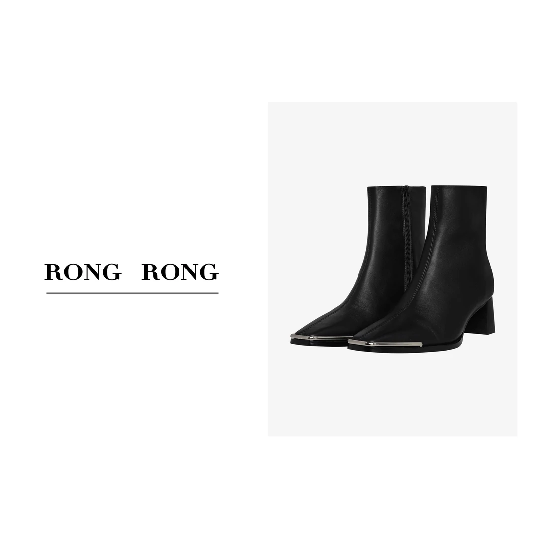 溶溶RONGRONG秋冬时尚羊皮粗跟短靴新款金属方头秋冬短靴4406-1