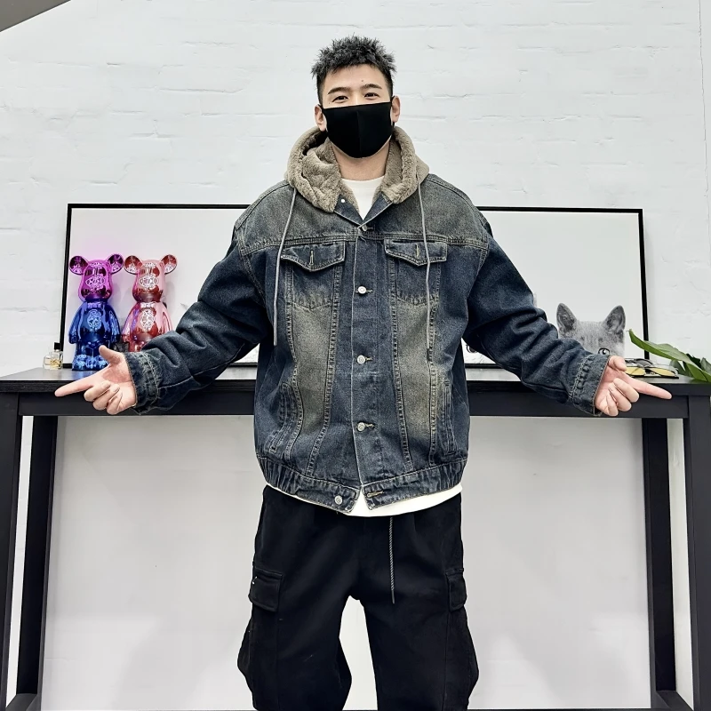 2025新款牛仔外套男棉衣加绒加厚连帽冬装男美式水洗复古上衣痞帅