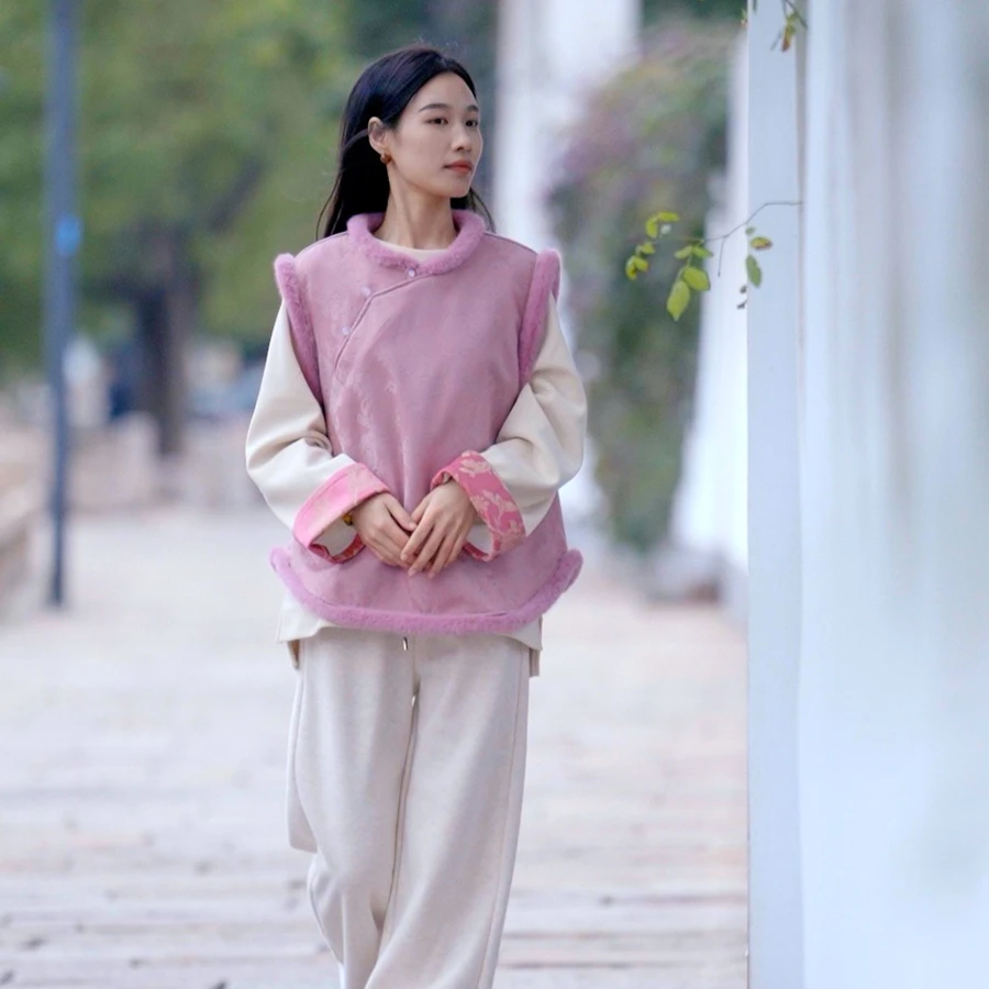 （知梦）中式加绒加厚提花圆领双层百搭显瘦民国风马甲女复古