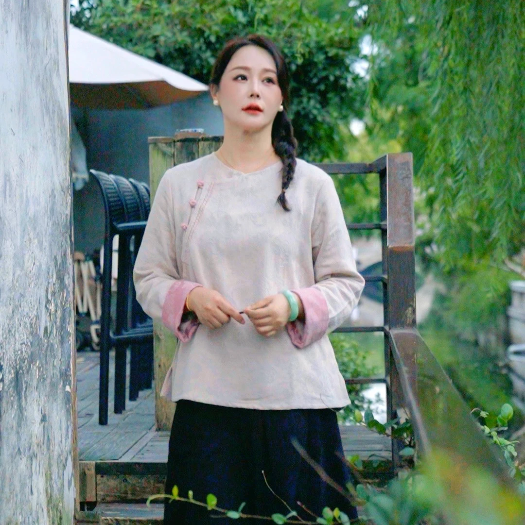 （暗香）暗纹提花秋冬季上衣新中式国风女装外套复古文艺长袖圆领