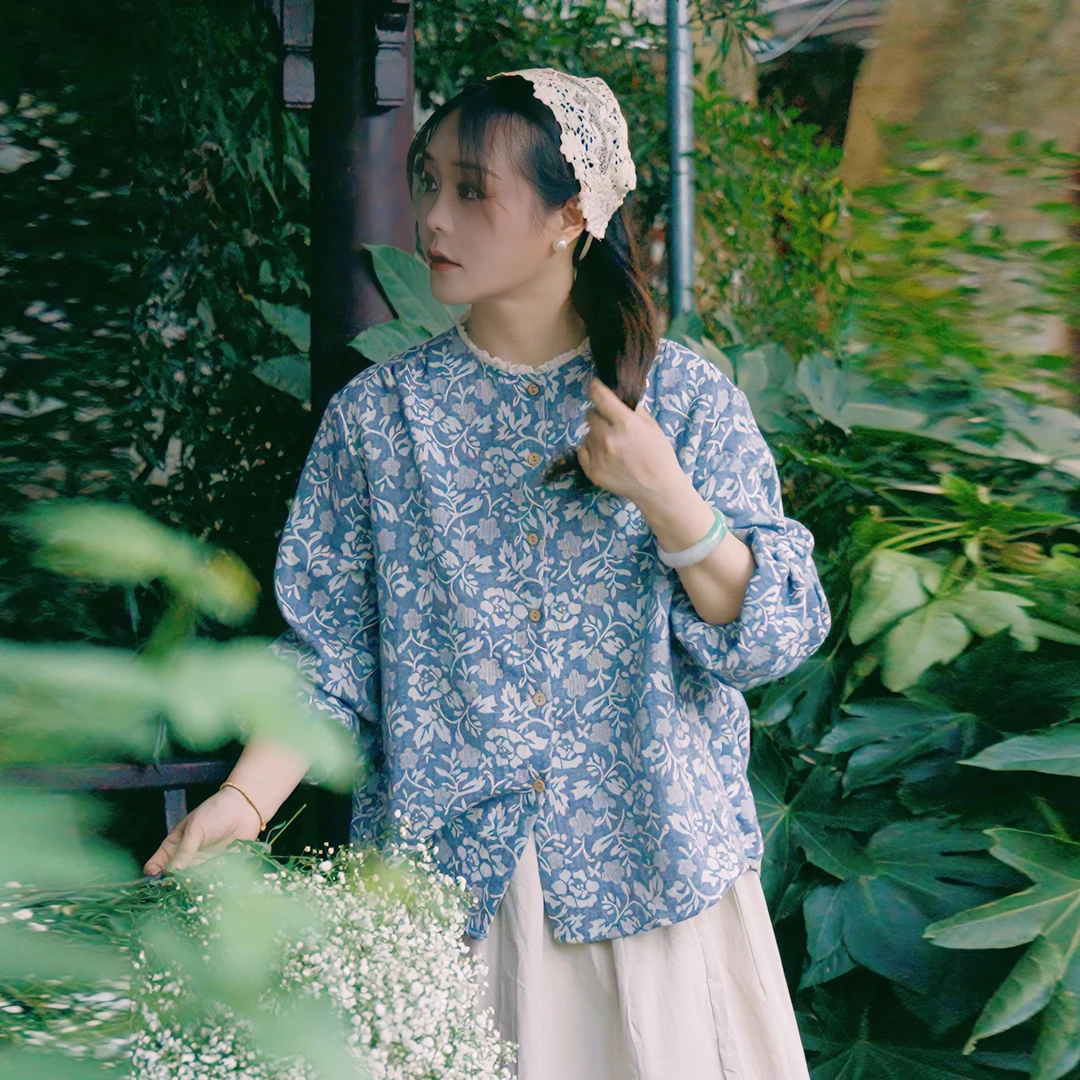 Q原创花边领圆领长袖纽扣开衫外套女士春夏秋款百搭印花减龄