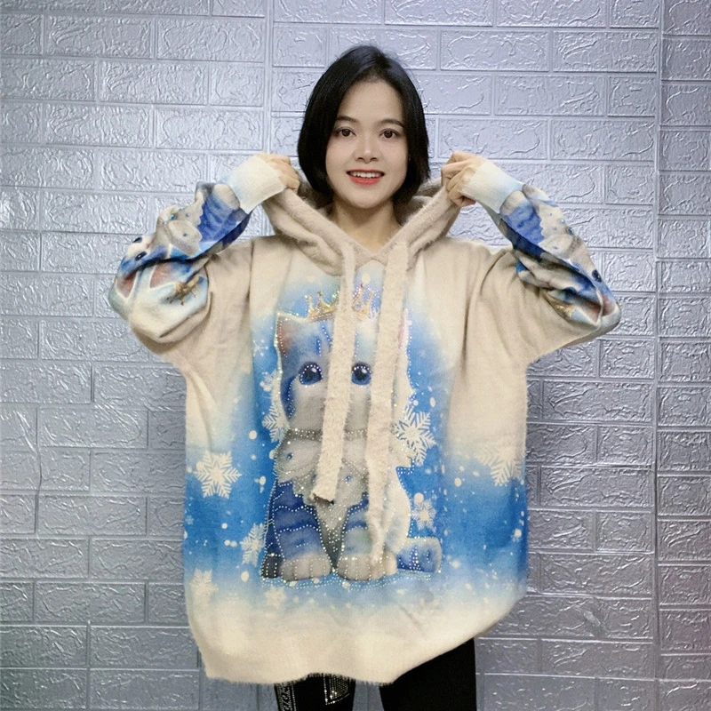 欧货2023秋冬季新款宽松针织打底衫女重工烫钻猫咪洋气百搭女毛衣