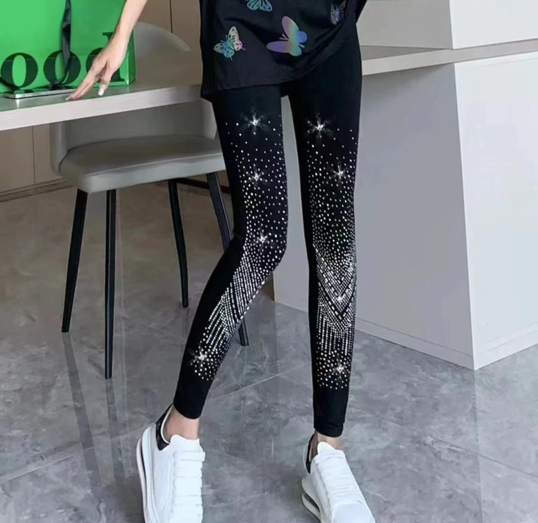 黑色重工烫钻打底裤高弹修身休闲裤秋冬时尚女士弹力瑜伽紧身裤