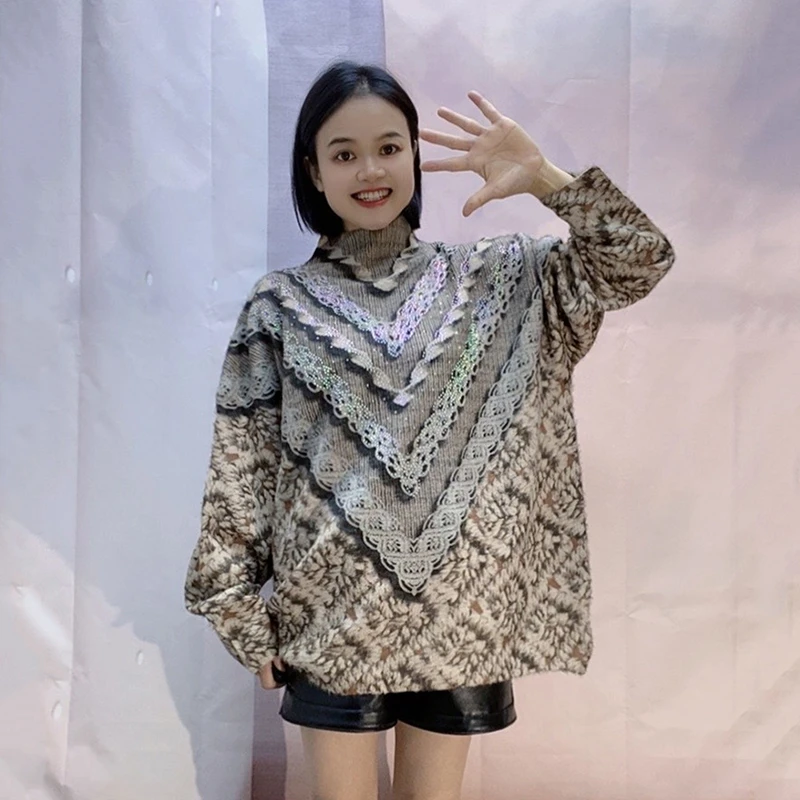 2024年冬季水貂绒V印花毛衣女加厚烫钻穿立领大码宽松针织上衣