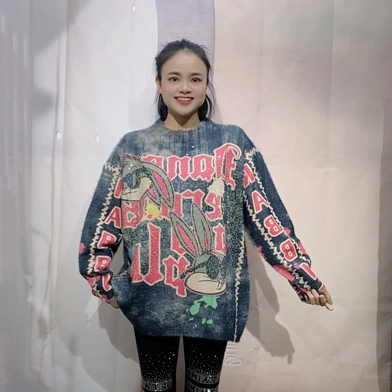 重工镶钻貂绒女上衣2024爆款高档百搭印花圆领针织休闲长袖毛衣