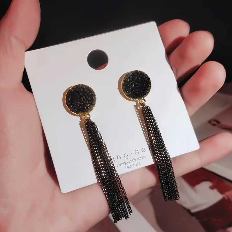 合金耳饰 时尚气质长款百搭简约经典个性日韩黑色轻奢韩版耳环X93