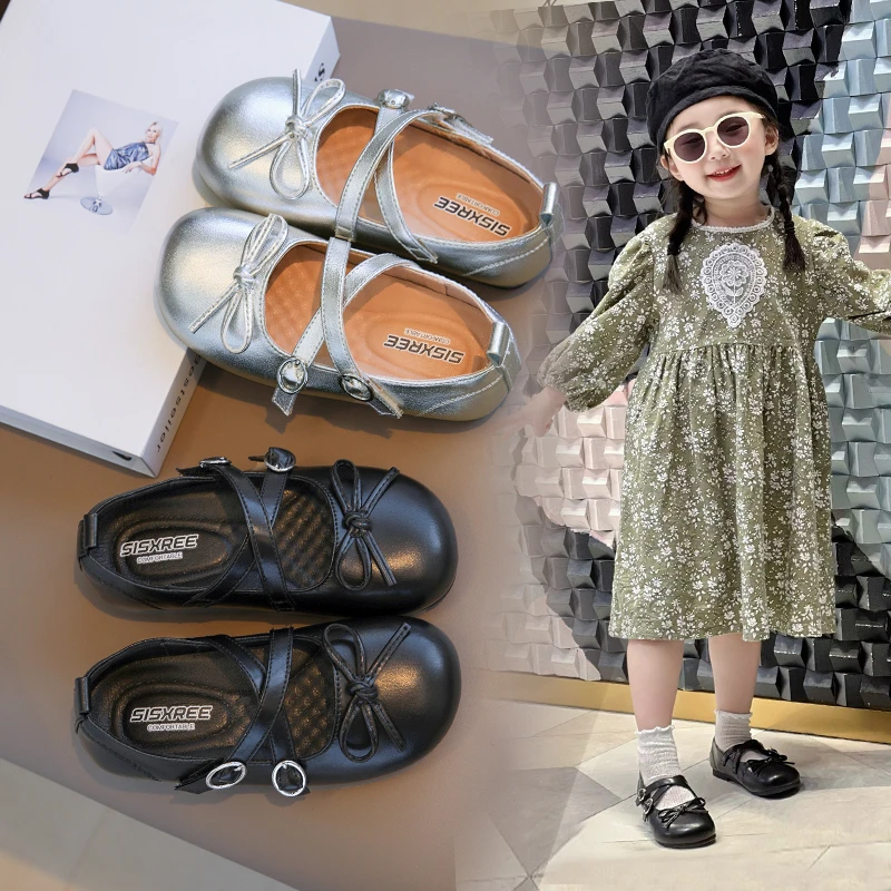 公主鞋女童皮鞋黑春秋玛丽珍鞋小女孩礼服鞋儿童银色单鞋洛丽塔女