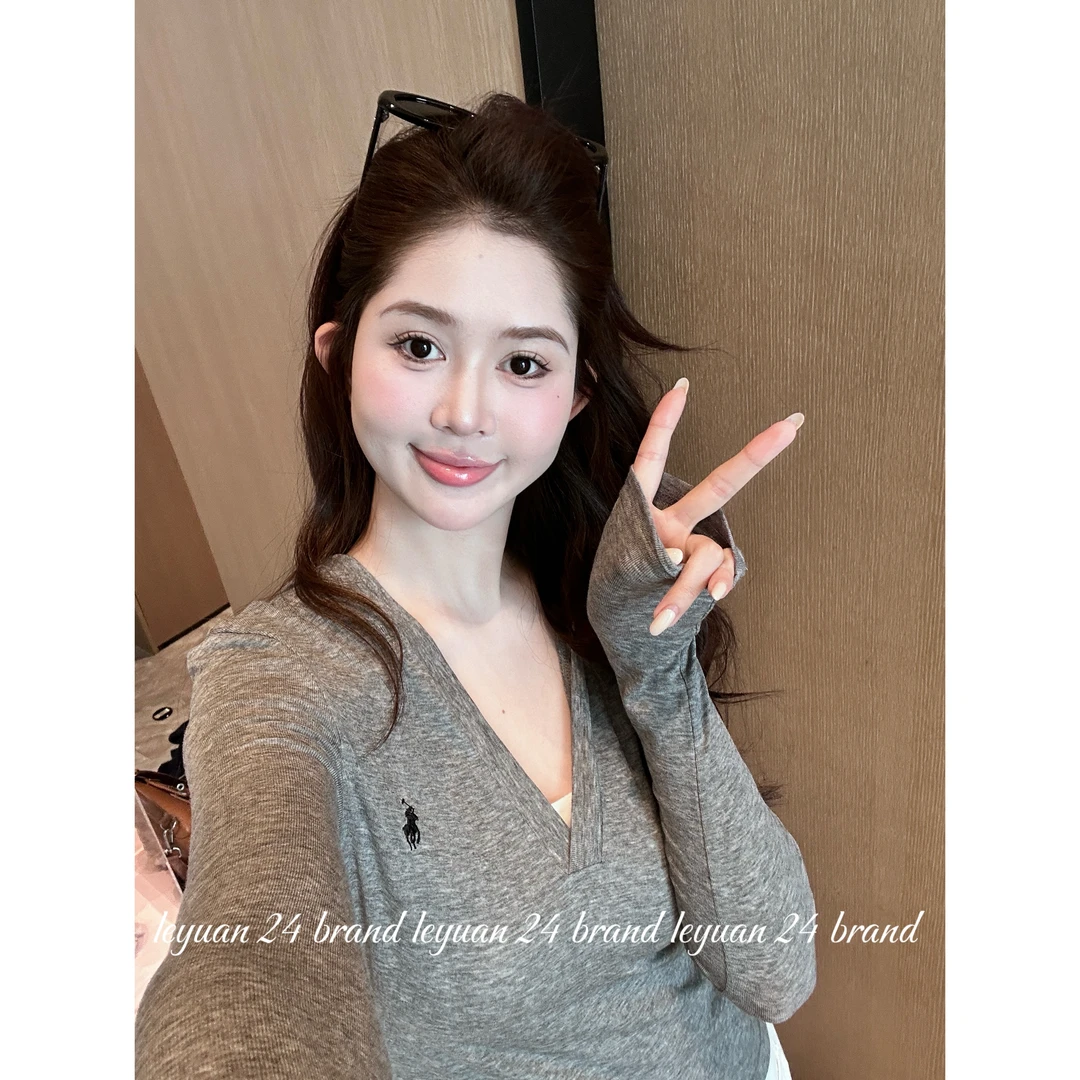 【螺纹连帽】LEYUAN·上衣打底衫女V领显瘦紧身上衣长袖内搭上衣