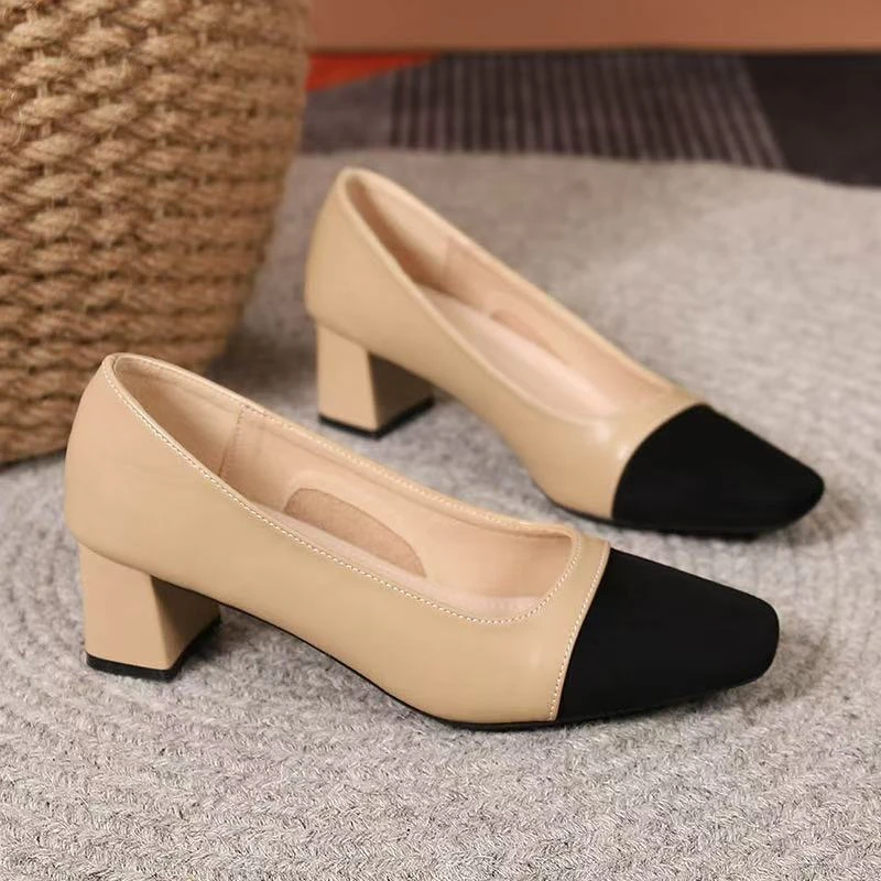 2024软底气质时尚拼色小香风粗跟单鞋女浅口方头高跟鞋百搭