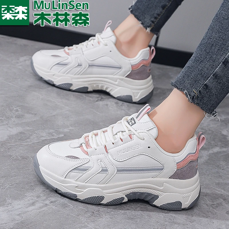 木林森女鞋真皮运动鞋女秋季新款显瘦厚底轻便百搭防水皮面老爹鞋