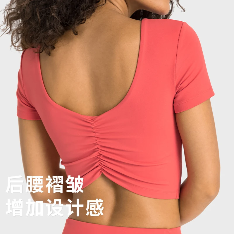 DS357 新款双6纱线运动褶皱短袖带胸垫健身瑜伽服