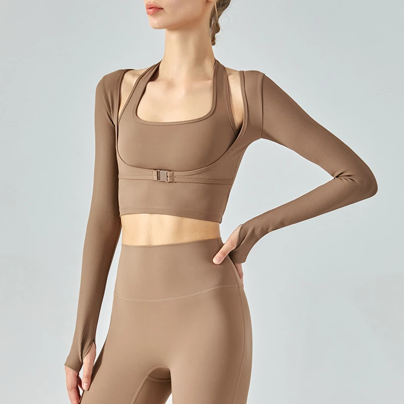 DSL289  脖假两件修身瑜伽长袖裸感运动上衣女带胸垫