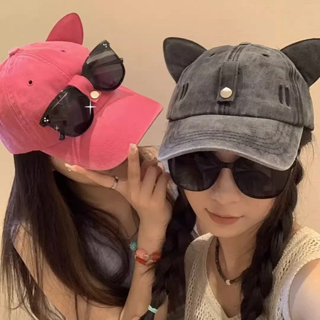 可爱猫耳朵飞行员墨镜棒球帽子女春夏韩版街头百搭大头围鸭舌帽潮