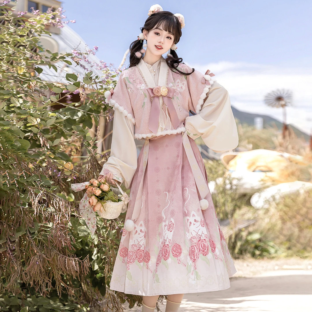 【玫瑰喵喵】汉服女装中国风改良汉元素外套上衣半裙套装秋冬粉色