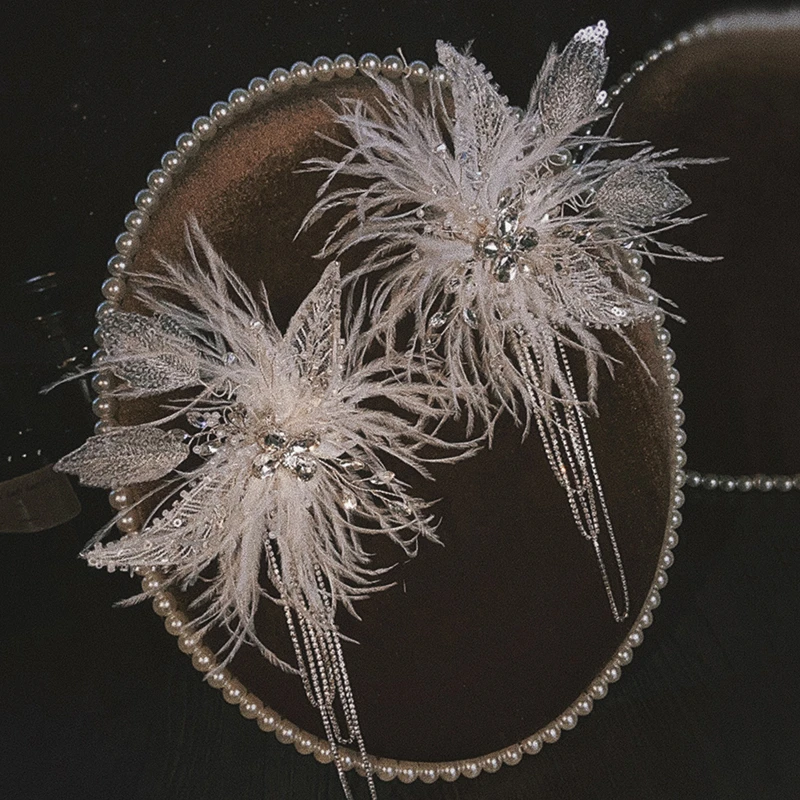 韩式仙美羽毛蕾丝对夹优雅水钻流苏儿童头饰发夹子女宝宝生日摄影