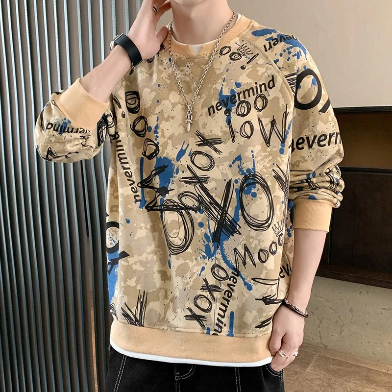 个性涂鸦印花长袖卫衣男士春秋季新款港风宽松假两件潮牌休闲上衣